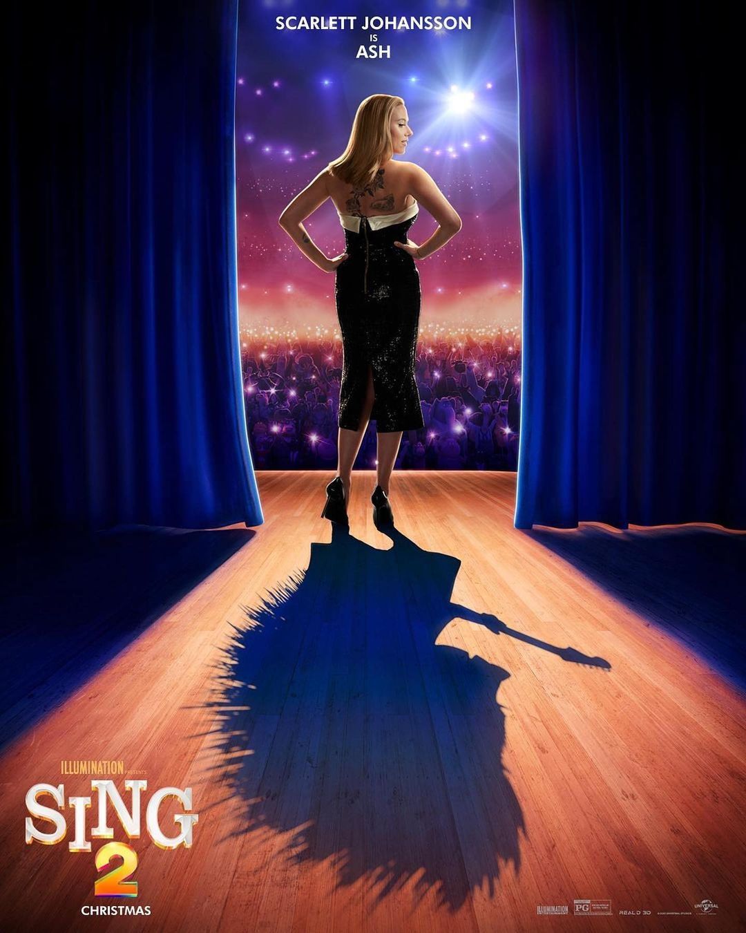 Promotional image for 'Sing 2' featuring Ash (Scarlett Johansson). She stands in a black dress in front of blue curtains.