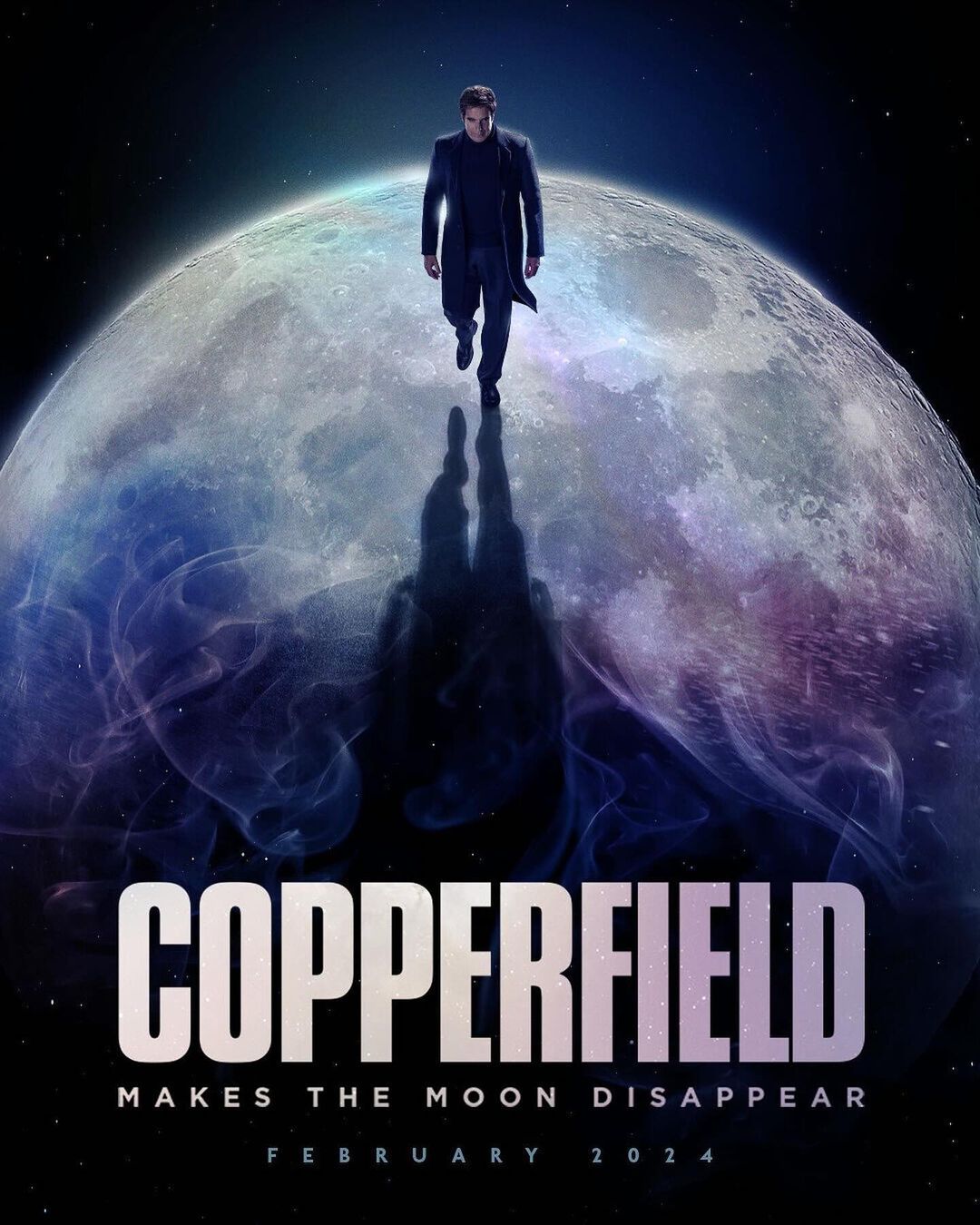 Movie poster for Copperfield, featuring a man walking on the moon with his shadow cast below, against a dark, starry background.