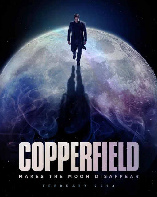 Movie poster for Copperfield, featuring a man walking on the moon with his shadow cast below, against a dark, starry background.