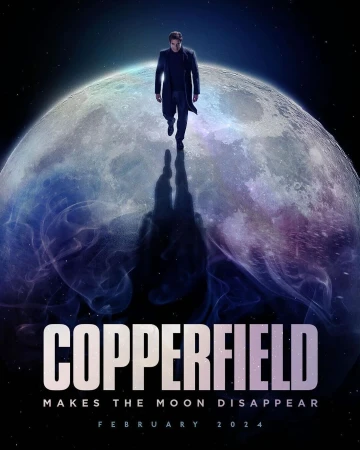 Movie poster for Copperfield, featuring a man walking on the moon with his shadow cast below, against a dark, starry background.