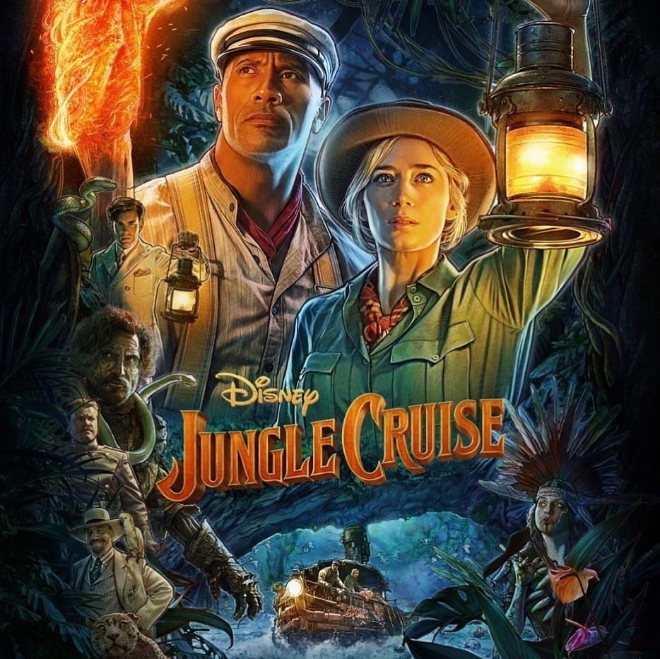 Movie poster featuring Dwayne Johnson and Emily Blunt in Disney's Jungle Cruise, set in a lush jungle environment with other characters.