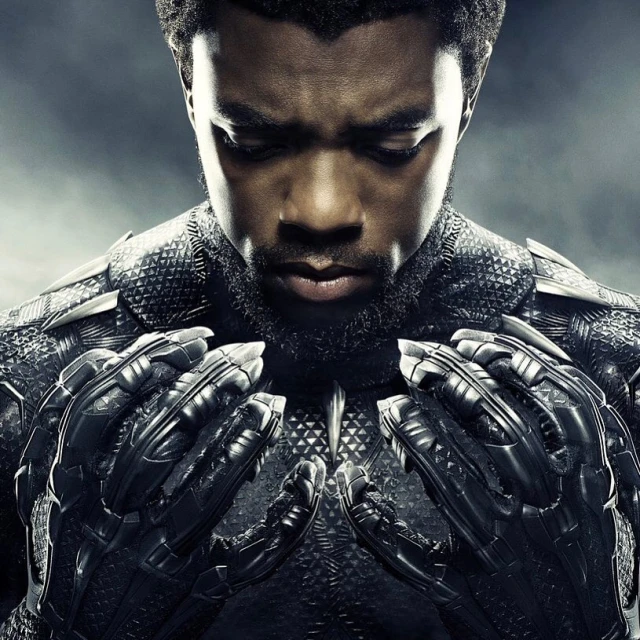 Close-up of Chadwick Boseman in Black Panther costume, looking down with hands together, against a grey backdrop, cinematic lighting.