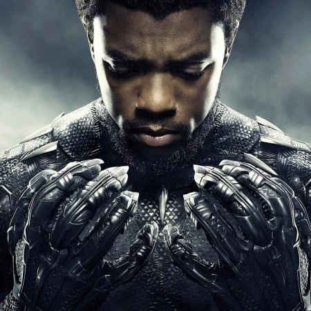 Close-up of Chadwick Boseman in Black Panther costume, looking down with hands together, against a grey backdrop, cinematic lighting.
