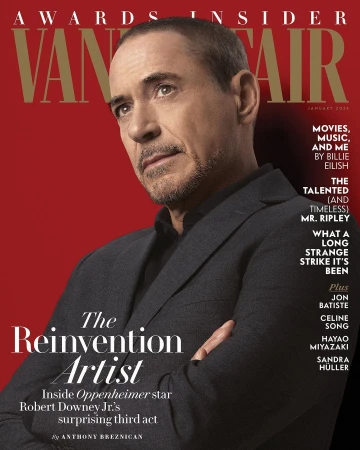 Robert Downey Jr. on the cover of Vanity Fair, January 2024. The cover features a close-up shot of the actor in a dark suit against a red background.