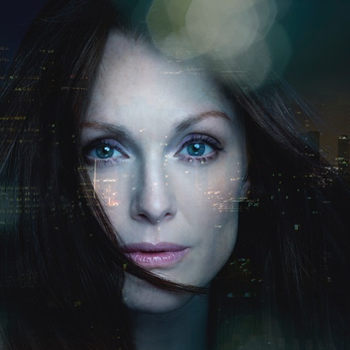 Close-up of an adult woman with long brown hair, fair skin, and blue eyes. A cityscape is superimposed over her portrait.