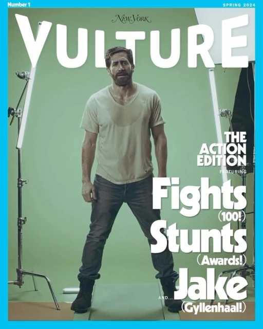 Vulture magazine cover featuring Jake Gyllenhaal in a wet shirt and jeans, studio lights visible, against a light green backdrop.
