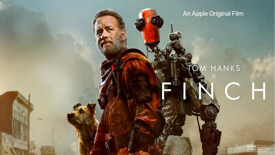 Movie poster for Finch featuring Tom Hanks with a dog and robot against a muted sky and ruined city background.