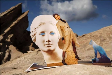Surreal collage featuring a cut-out classical marble head, a woman in a trench coat, and a blue cat against a desert landscape.