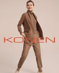 Smiling female model in brown knit sweater and trousers against a neutral background with red Konen text overlay