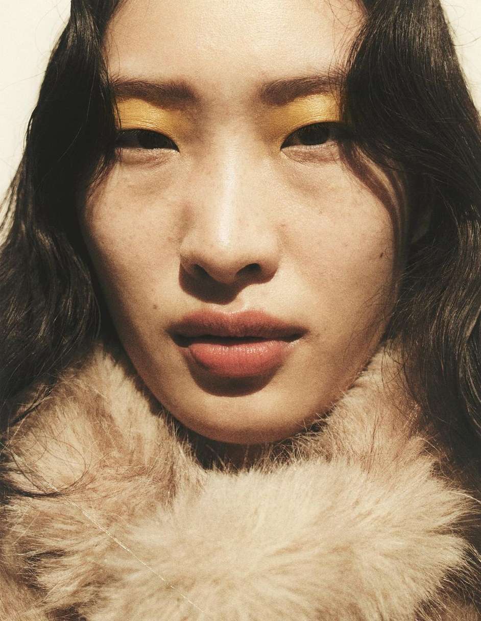 Close-up portrait of a young Asian woman with yellow eye shadow and a fur collar, gazing directly at the camera, shot in natural light.