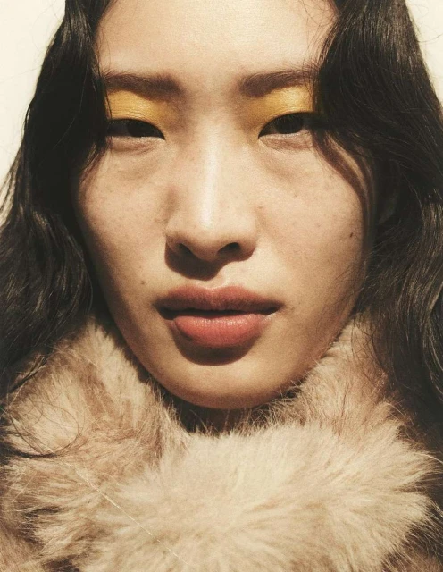 Close-up portrait of a young Asian woman with yellow eye shadow and a fur collar, gazing directly at the camera, shot in natural light.