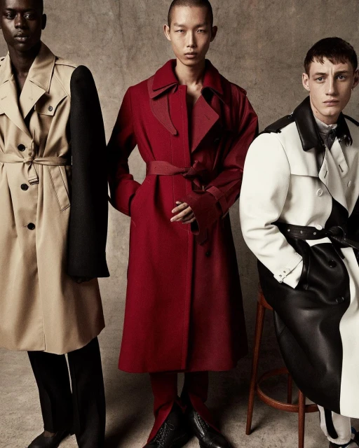Three fashion models in trench coats stand in front of a neutral backdrop. A man in a red coat is centered, flanked by two others.
