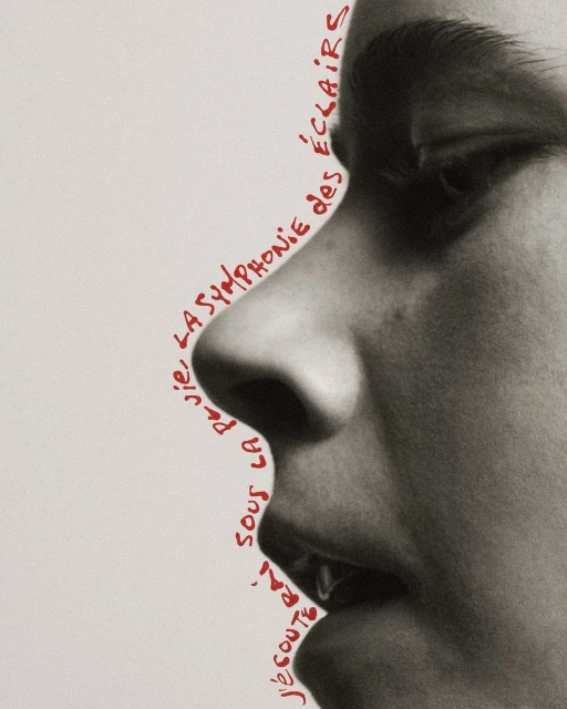 Close-up profile of a person's face with red handwritten text art outlining the contours on a neutral background in a studio.