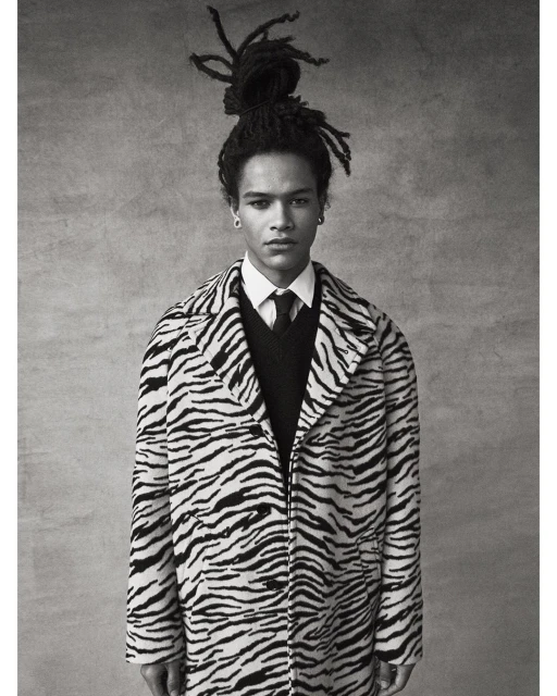Portrait of a young adult male with dreadlocks, wearing a zebra-striped coat, a sweater, and a tie, standing against a neutral background.