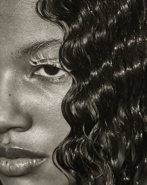 Close-up portrait of a Black female model with glossy skin, wet wavy hair, and striking white eyelashes, against a neutral backdrop.