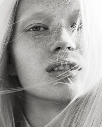 Close-up monochrome portrait of a woman with heavy freckles and blonde hair blowing across her face by Marcus Ohlsson.