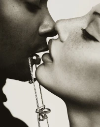 Close-up profile of a man and woman kissing, holding a silver chain necklace between their lips against a light background.