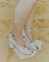 Close-up of legs wearing white split-toe heeled shoes standing on a white block in sand by Marek Micanek