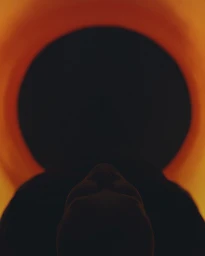 A silhouette of a person looking upward in front of a glowing orange circular light source
