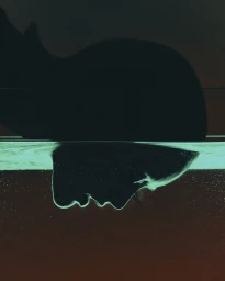 A silhouette of a head reflected in water with a green tint against a dark background, photographed by Marek Micanek.