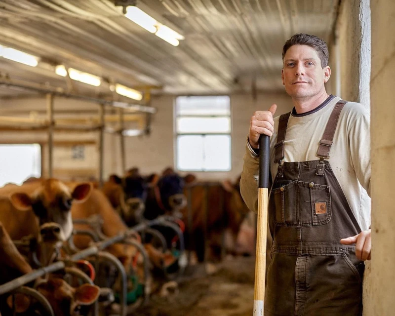 Portrait of adult man in overalls leaning against a wall inside a barn with brown cows in the background, holding a rod.