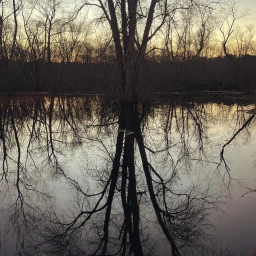 Bare tree standing in calm water with a clear, symmetrical reflection under a pale sunset sky.