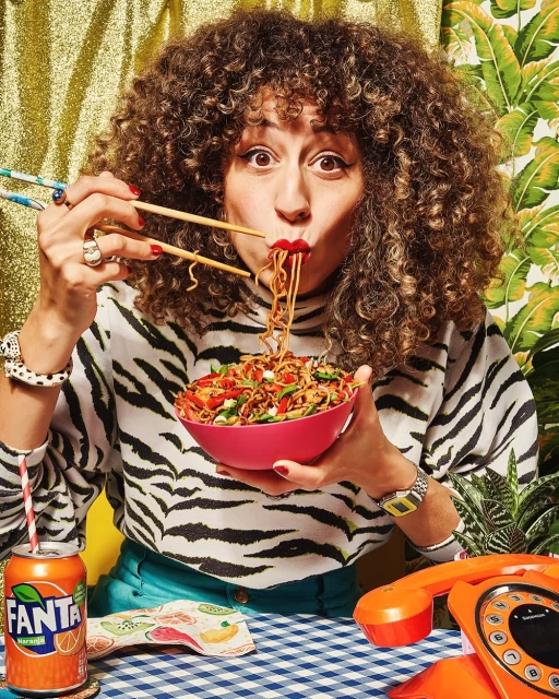 A woman with curly hair eating noodles with chopsticks from a pink bowl, with a Fanta soda, orange telephone, and a checkered tablecloth.