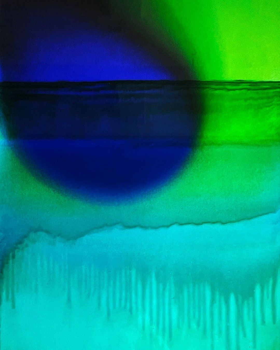 Abstract fluid art features blends of blue, green, and teal colors, creating a visually textured and soothing effect.