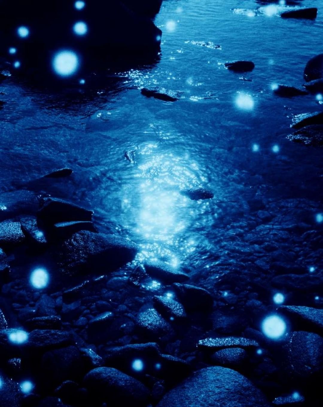 Close-up of a dark blue riverbed with rounded stones and glowing orbs, creating an underwater ambiance with light reflections.