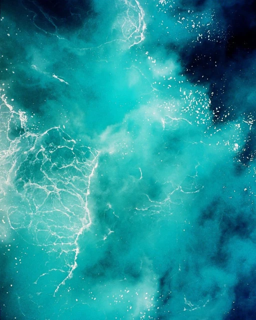 Aerial view of the ocean's surface with varying shades of turquoise and blue, interspersed with white foamy waves and currents.
