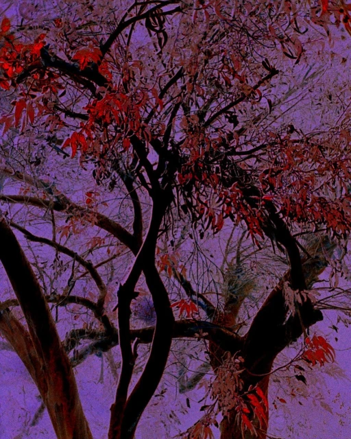 Artistic tree with branches and red leaves set against a blurred violet backdrop, creating a textured and dreamlike visual effect.