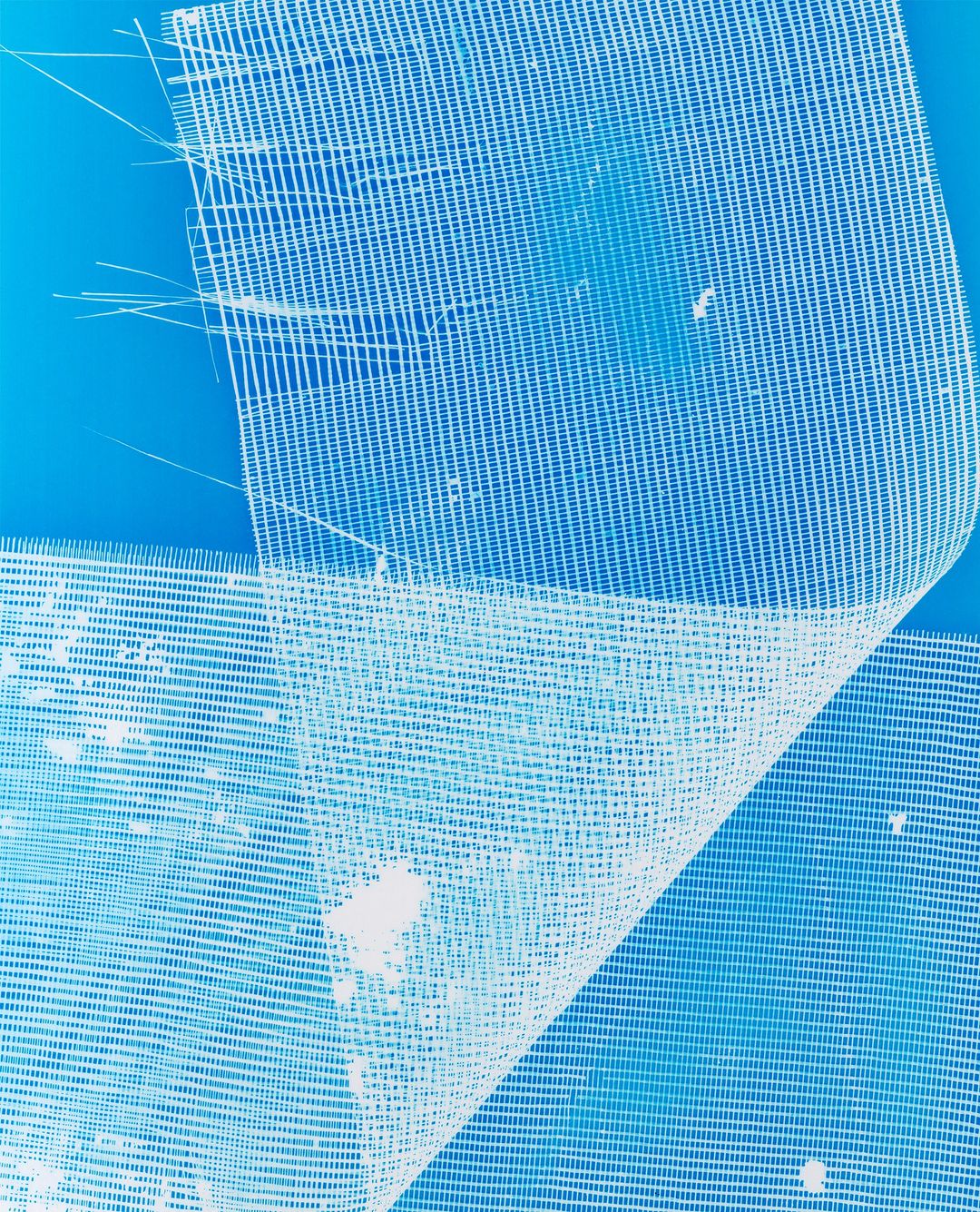 Close-up of white, sheer fabric featuring a loose grid pattern against a bright blue background, creating a clean and minimalist textile design.