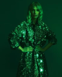 Woman wearing a heavily sequined sparkling green coat standing against a dark green monochrome studio background