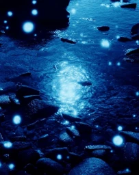 Glowing blue lights floating over dark rocky river water at night captured by Marguerite Bornhauser