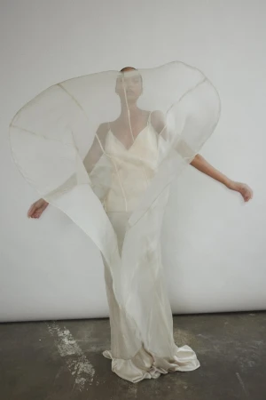 Elegant woman in a flowing gown and sheer veil strikes a pose against a neutral backdrop, creating a captivating fashion portrait.