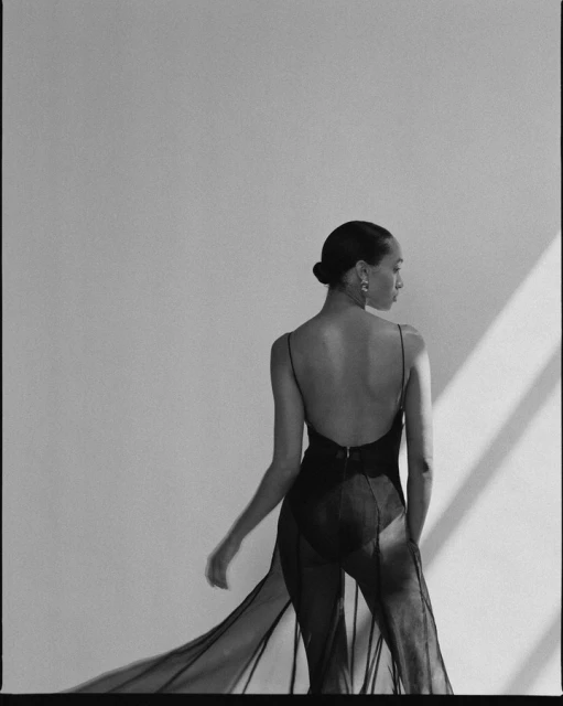 Elegant black and white portrait of a Black woman with a low bun, wearing a sheer black dress with a flowing train, back to camera.