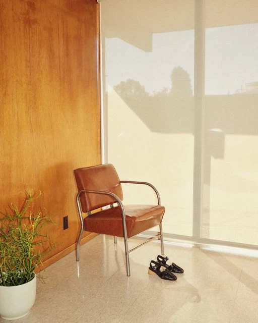 A brown leather chair faces a window in a room with a wood paneled wall, a plant, and a pair of black shoes on the floor.