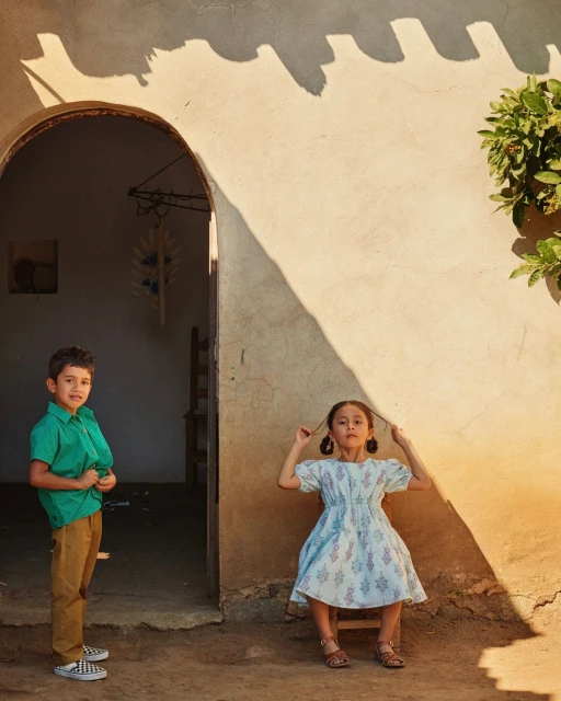 A boy and a girl in a rural setting near a building. The boy wears a green shirt and brown pants, and the girl wears a light blue dress.