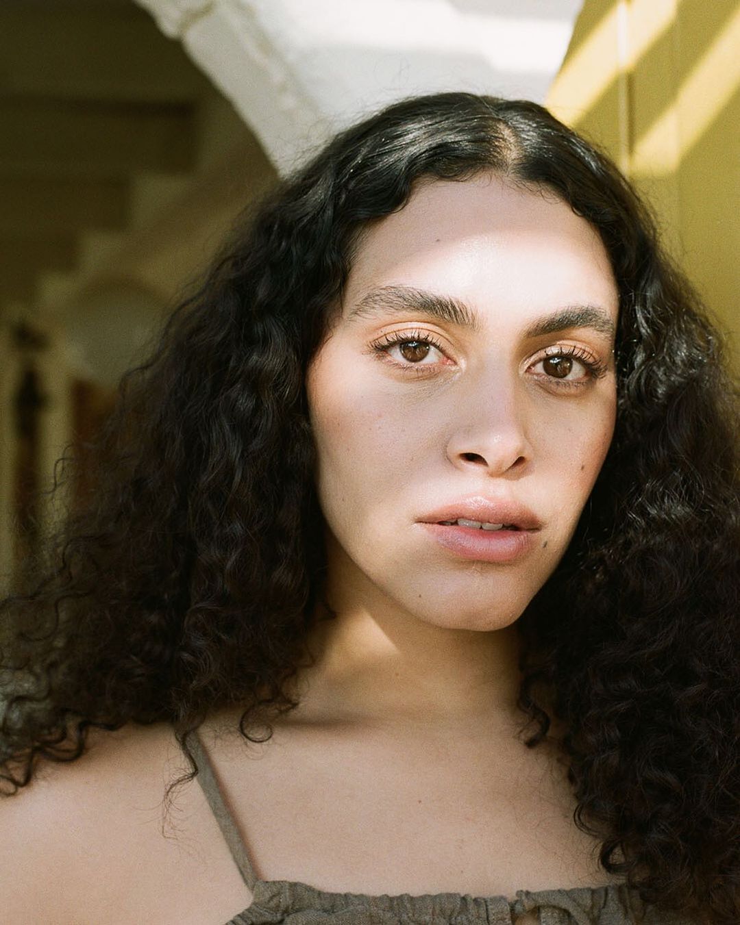 Close-up portrait of a young adult woman with dark curly hair, light skin, and brown eyes, wearing a green top, posing indoors with natural light.
