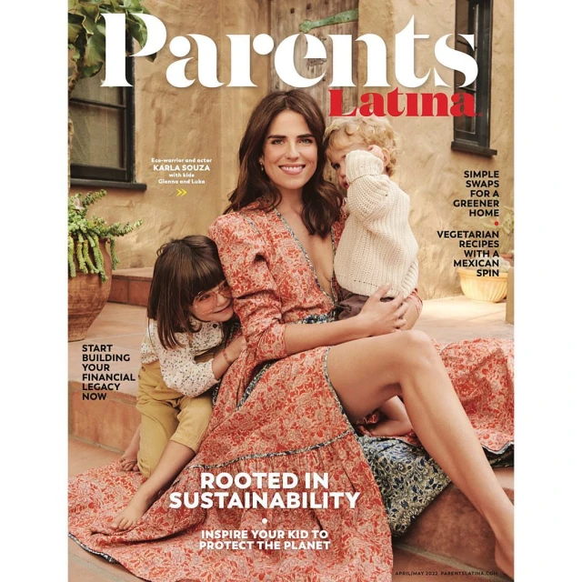 Magazine cover featuring Karla Souza with her two children, showcasing family, style, and sustainability in an outdoor setting.