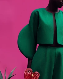 Model wearing a structured emerald green matching jacket and trousers against a vibrant hot pink background.
