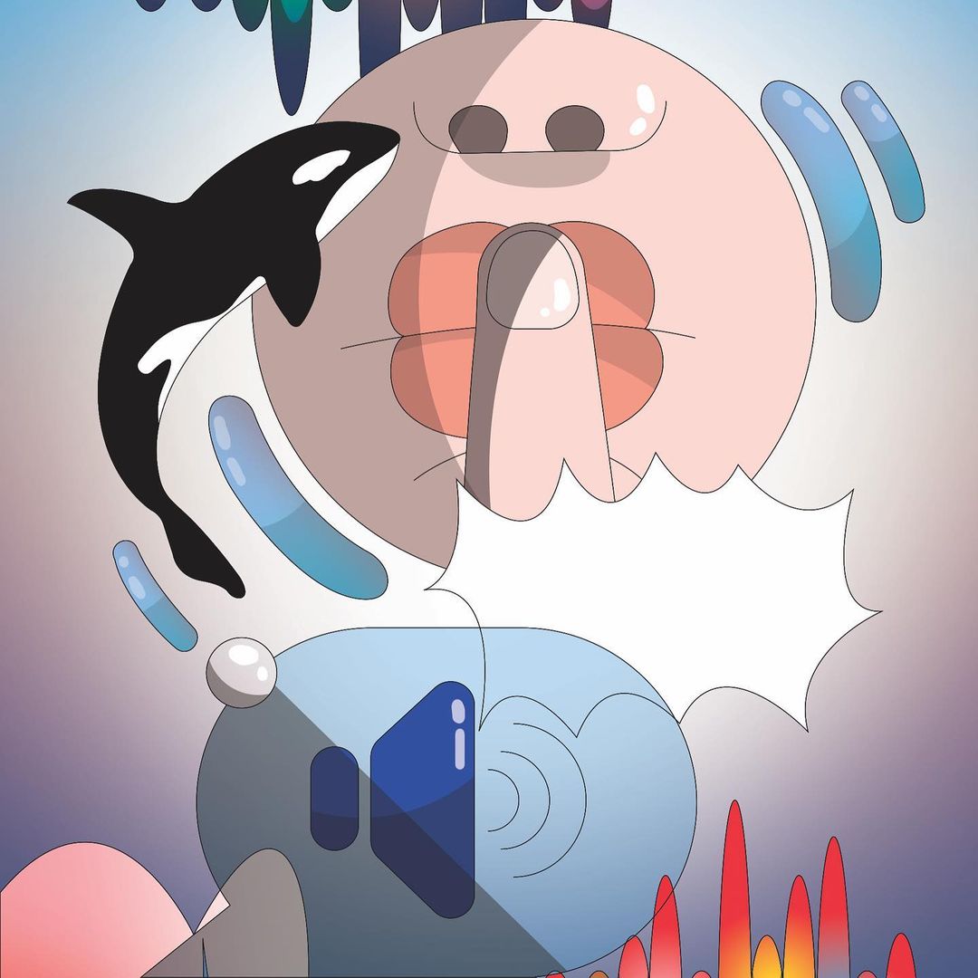 Digital art illustration of a pink mouth gesturing silence, a black orca whale, a speaker icon, and sound waves against a gradient background.
