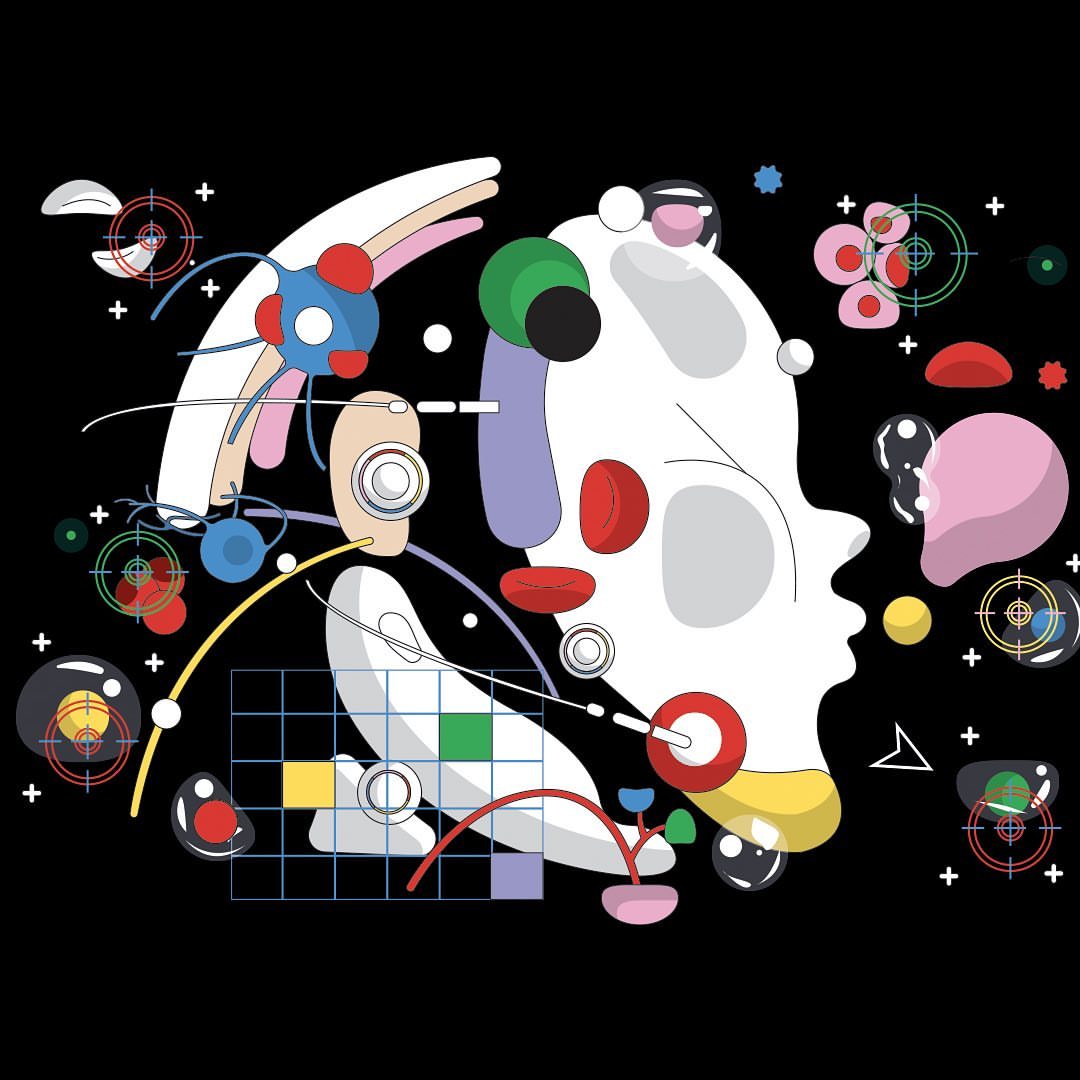 Abstract digital illustration of a head profile with geometric shapes, circles, and lines in a surreal and modern style on a black backdrop.