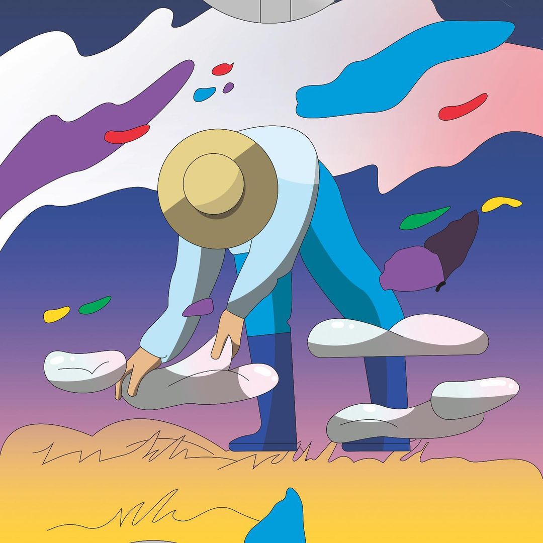 Illustration of a person wearing a straw hat and blue clothing gathering cloud-shaped objects in a field with a colorful sky background.