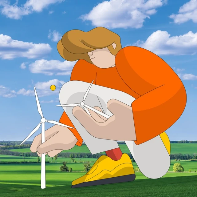 Illustration of an adult crouched and holding a small toy wind turbine on a green field under a blue, cloudy sky, digital illustration.