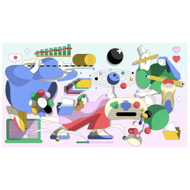 Whimsical vector art of abstract figures interacts with digital objects like game controllers, charts, coins, laptops against gradient background.