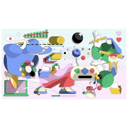 Whimsical vector art of abstract figures interacts with digital objects like game controllers, charts, coins, laptops against gradient background.