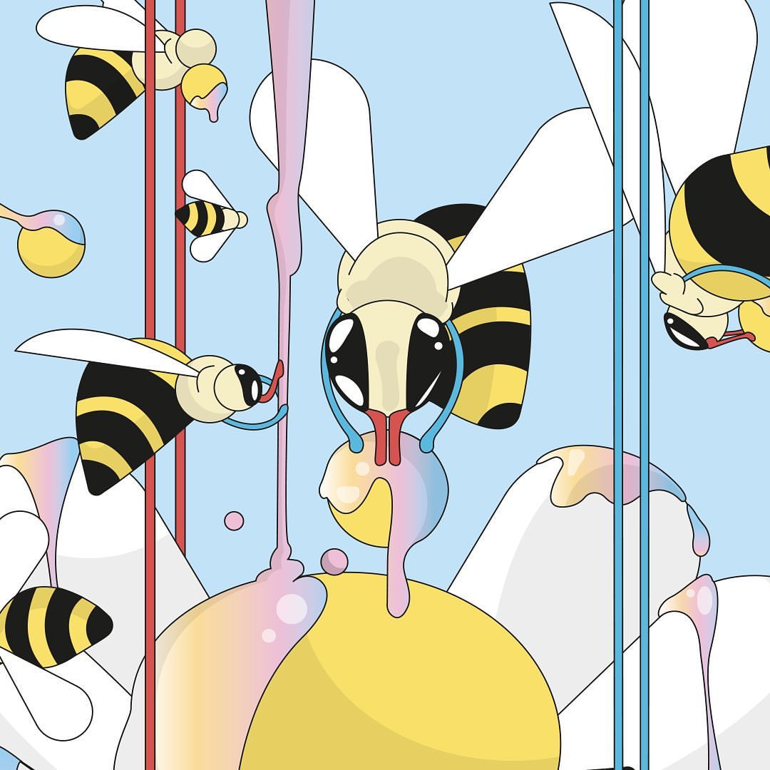 Illustration of cartoon bees collecting nectar, set against a light blue backdrop, rendered in a flat, graphic vector style.