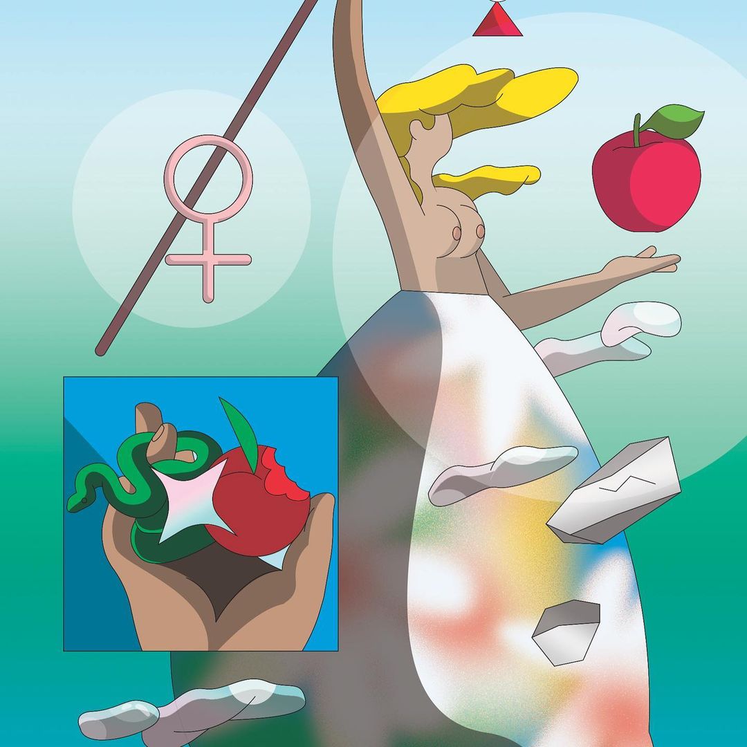 Illustration of a nude woman with blonde hair holding up a red apple, with a snake and partially eaten apple in the background.