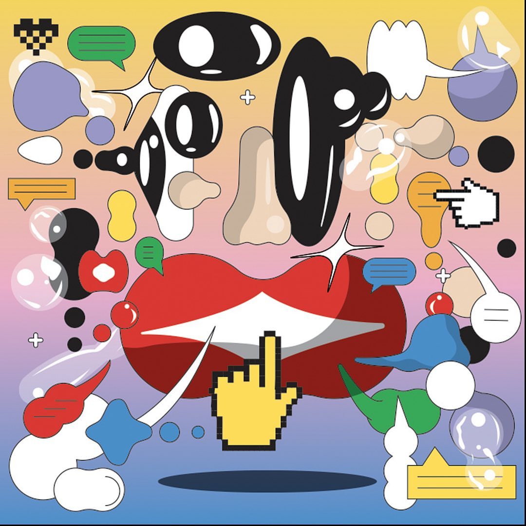 Abstract digital artwork with stylized lips, cursor hands, speech bubbles, and geometric shapes against a gradient yellow-to-blue background.
